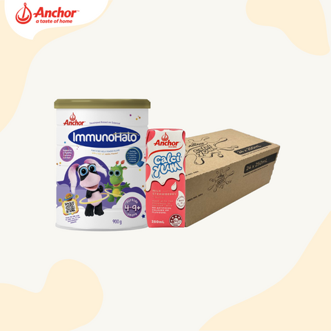 [Bundle] 1 Carton of Anchor CalciYum Strawberry + 1 Can of Anchor Immunohalo Milk Powder 900g